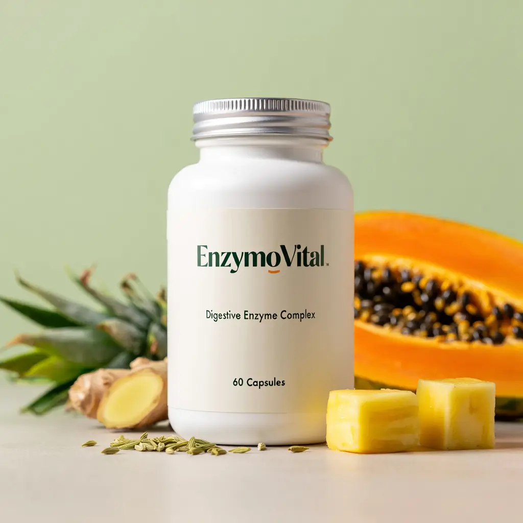 EnzymoVital dietary supplement bottle with natural ingredients displayed